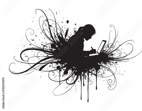 Silhouette of a female artist sketching on a tablet, accented by abstract, swirling floral designs radiating outward.