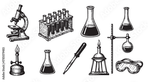 Black and white vintage-style illustrations of various scientific laboratory equipment, including a microscope, test tubes, beakers, and a bunsen burner.