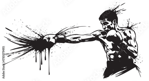 Black and white artistic illustration of a male boxer throwing a powerful punch with splattered ink design elements.