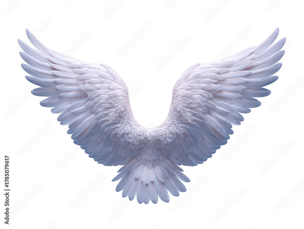 Obraz premium White angel wing feather bird isolated fantasy soft elegant flying spiritual symmetrical White angel wing with soft feather texture isolated transparent background elegant and symmetrical evoking