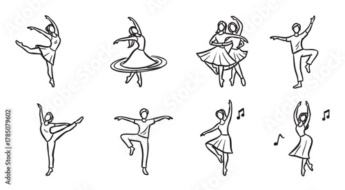 Black outline vector icons of dancing figures including ballet, hula hooping, and couple dancing in various dynamic poses with musical notes.