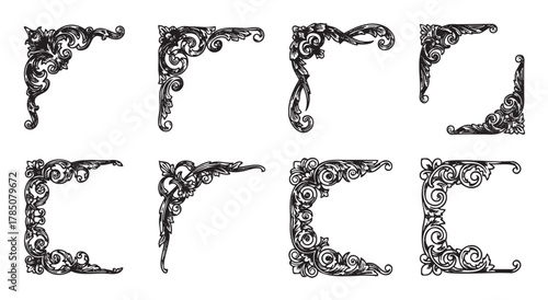 Intricate black ornamental corner designs with floral and vine motifs, showcasing diverse decorative patterns suitable for embellishment.