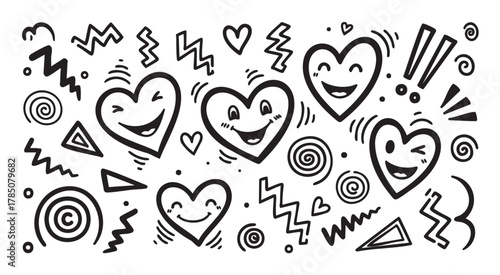 Black and white doodles featuring smiling hearts with playful expressions surrounded by abstract shapes and lines.