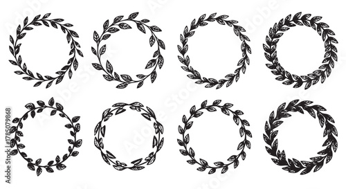 Eight black, ornate circular leaf wreaths arranged in two rows, each with unique leaf patterns, suitable for decorative designs or invitations.