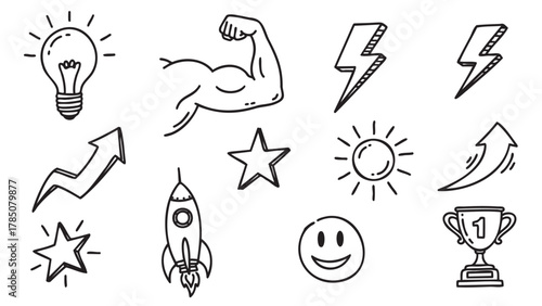 Hand-drawn black and white sketch set featuring a muscled arm, light bulb, rocket, arrows, stars, lightning bolts, smiley face, sun, and a trophy cup.