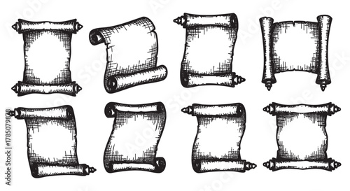 Hand-drawn collection of eight vintage scrolls in black and white, each uniquely detailed with textured edges and curled ends.