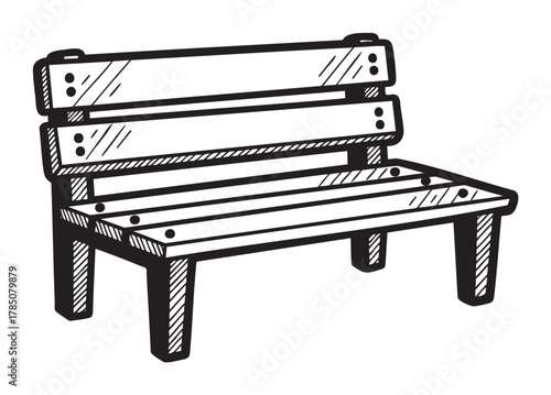 Black outline of a simple wooden bench with a slatted backrest and seat, depicted in a minimal linear style.