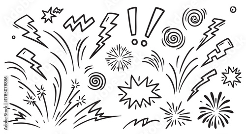 Black outline illustration of various sound effect icons, including exclamation marks, lightning bolts, stars, and explosions.