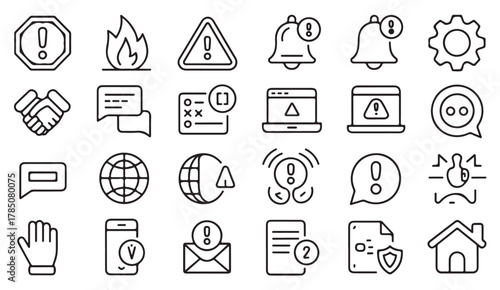 Outline symbol set of messages, reminders, and alerts — clean vector line icons for interface UI UX layouts