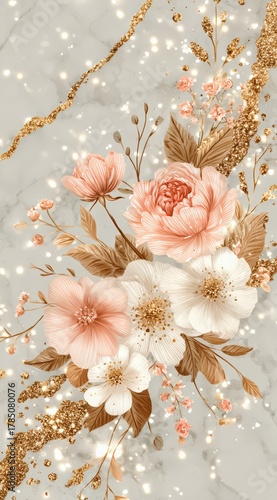 Floral design with gold accents on a white background. The flowers are pink and white. Scene is one of sophistication