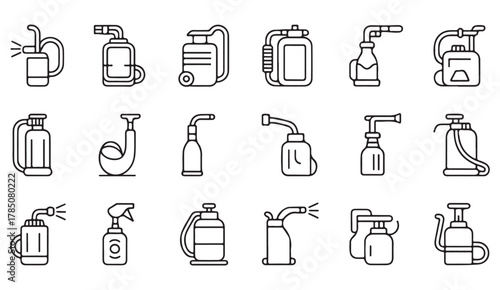 Vector line icons collection of oil cans, lubricators, and spray bottles for automotive and workshop design