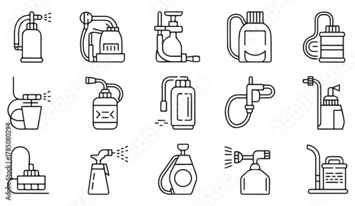 Vector line icons collection of oil cans, lubricators, and spray bottles for automotive and workshop design
