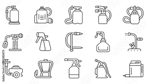 Outline icon set of oil, fuel, and cleaning dispensers — minimal linear symbols of industrial maintenance and lubrication tools