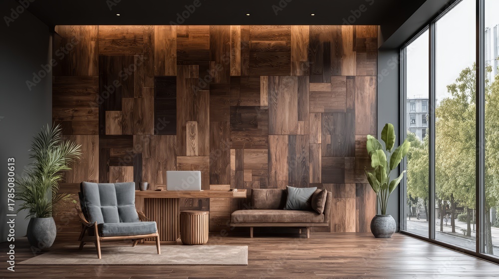 Fototapeta premium Modern office space with a wooden wall and a large window. The room is furnished with a couch, a chair