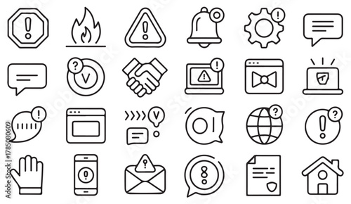 Warning and alert line icons — bell, triangle, and exclamation minimal symbols for vector web design