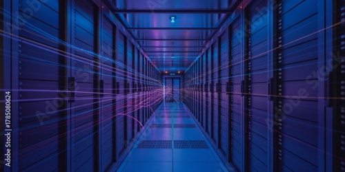A long corridor within a server room is illuminated by vibrant blue and purple neon lights, with light trails suggesting data flow.