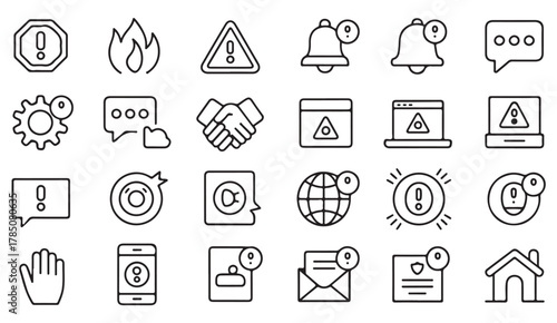 Notification and message outline icons — communication and system alert linear symbols for digital design