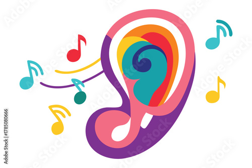 World Hearing Day Vector – Human Ear with Colorful Sound Waves and Music Notes