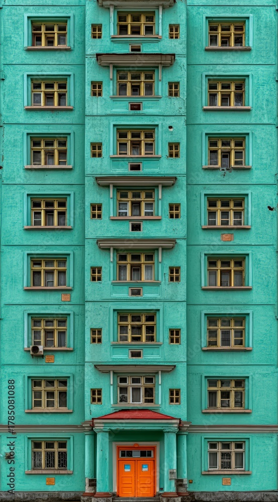 Fototapeta premium Tall building with many windows and a red door. The building is green and yellow