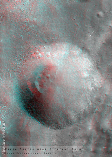 3D anaglyph image of the lunar surface made by the Lunar Reconnaissance Orbiter. Use red-cyan glasses. The exact region is given at the edge of the image. Elements of this image furnished by NASA.
