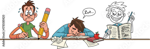 Cartoon illustration of students studying with different emotions, exam stress, learning difficulties, sleeping on books, education problems, academic challenge concept