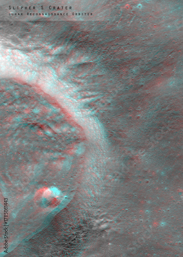 3D anaglyph image of the lunar surface made by the Lunar Reconnaissance Orbiter. Use red-cyan glasses. The exact region is given at the edge of the image. Elements of this image furnished by NASA.
