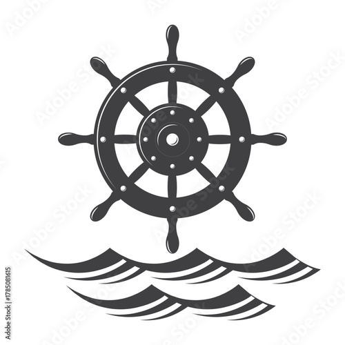 Ship steering wheel. Boat wheel naval equipment. Vintage marine label.