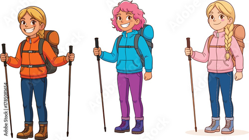 Cartoon illustration of three happy female hikers with backpacks and trekking poles, outdoor adventure travel and mountain hiking vector design.