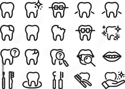 Collection of line art icons representing dental health and care tooth teeth