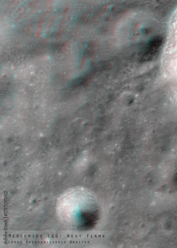 3D anaglyph image of the lunar surface made by the Lunar Reconnaissance Orbiter. Use red-cyan glasses. The exact region is given at the edge of the image. Elements of this image furnished by NASA.