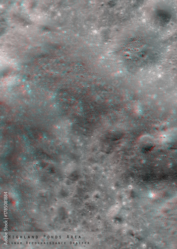 3D anaglyph image of the lunar surface made by the Lunar Reconnaissance Orbiter. Use red-cyan glasses. The exact region is given at the edge of the image. Elements of this image furnished by NASA.