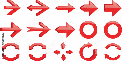 Collection of diverse red glossy 3d arrows and circular arrows indicating direction and movement