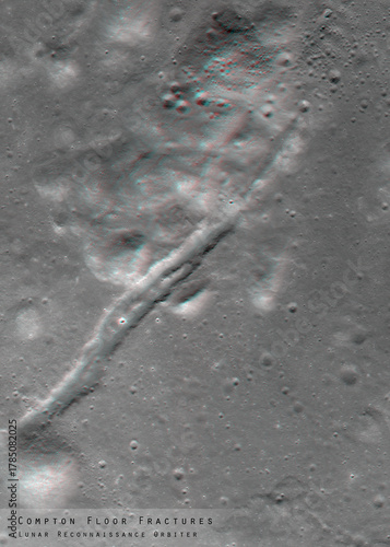 3D anaglyph image of the lunar surface made by the Lunar Reconnaissance Orbiter. Use red-cyan glasses. The exact region is given at the edge of the image. Elements of this image furnished by NASA.