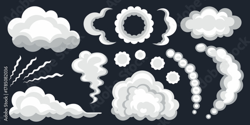 Collection of stylized cartoon smoke and cloud elements for graphic design and animation