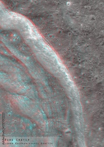 3D anaglyph image of the lunar surface made by the Lunar Reconnaissance Orbiter. Use red-cyan glasses. The exact region is given at the edge of the image. Elements of this image furnished by NASA.