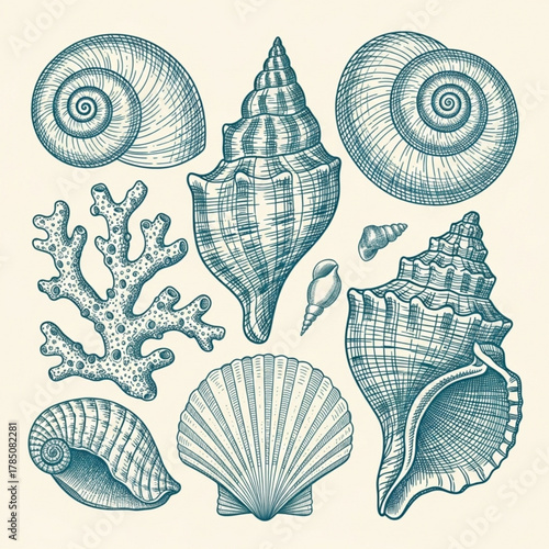 Collection of seashells and coral illustration silhouette isolated on white background