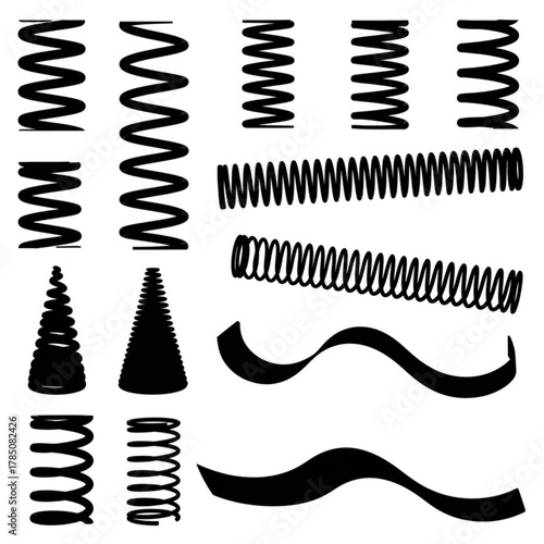 Collection of various spring shapes and forms silhouette isolated on white background
