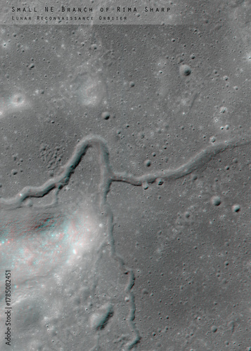 3D anaglyph image of the lunar surface made by the Lunar Reconnaissance Orbiter. Use red-cyan glasses. The exact region is given at the edge of the image. Elements of this image furnished by NASA.