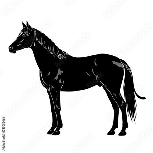 Black horse silhouette standing profile isolated on white background