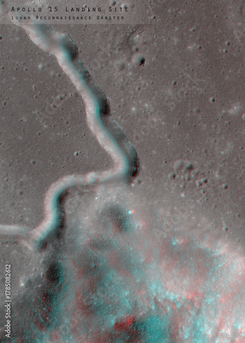 3D anaglyph image of the lunar surface made by the Lunar Reconnaissance Orbiter. Use red-cyan glasses. The exact region is given at the edge of the image. Elements of this image furnished by NASA.