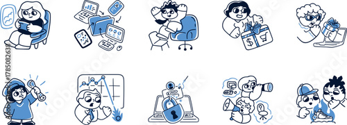 set of doodles, Modern colored Line Art Icons Digital Life, Tech, Social Media, Human Connection for UI UX, Apps, Websites, Marketing