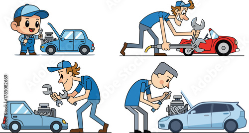 Cartoon mechanics repairing cars with tools, professional automotive service workers fixing engines, vehicle maintenance, garage illustration concept for repair shop vector