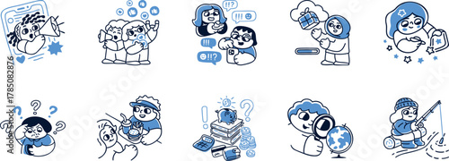 set of doodles, Modern colored Line Art Icons Digital Life, Tech, Social Media, Human Connection for UI UX, Apps, Websites, Marketing