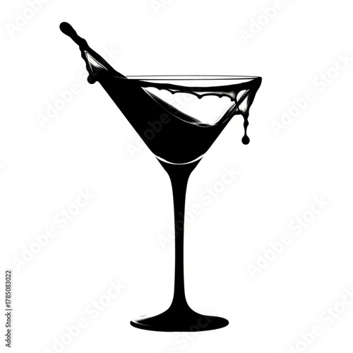Black liquid splashing out of a martini glass silhouette isolated on white background
