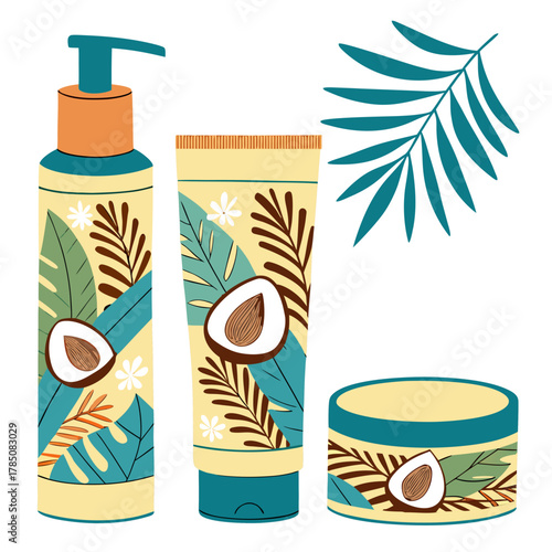 Skincare products with coconut and tropical leaf designs