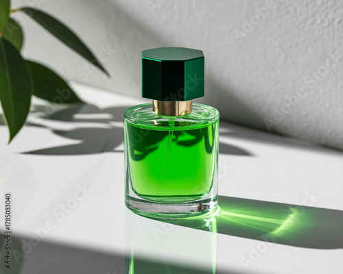Green perfume bottle, studio shooting