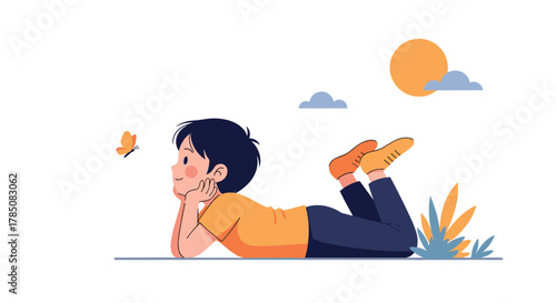 A young child watches a butterfly float by on a sunny day.