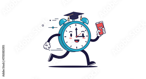 An animated alarm clock wearing a graduation cap and holding a book is running quickly.