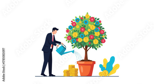 A businessman watering a money tree filled with coins.