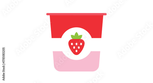 A vibrant illustration of a strawberry yogurt cup with a red lid and pink base.